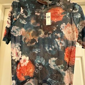 Anthropologie Floral Mesh Top - Blue and Orange